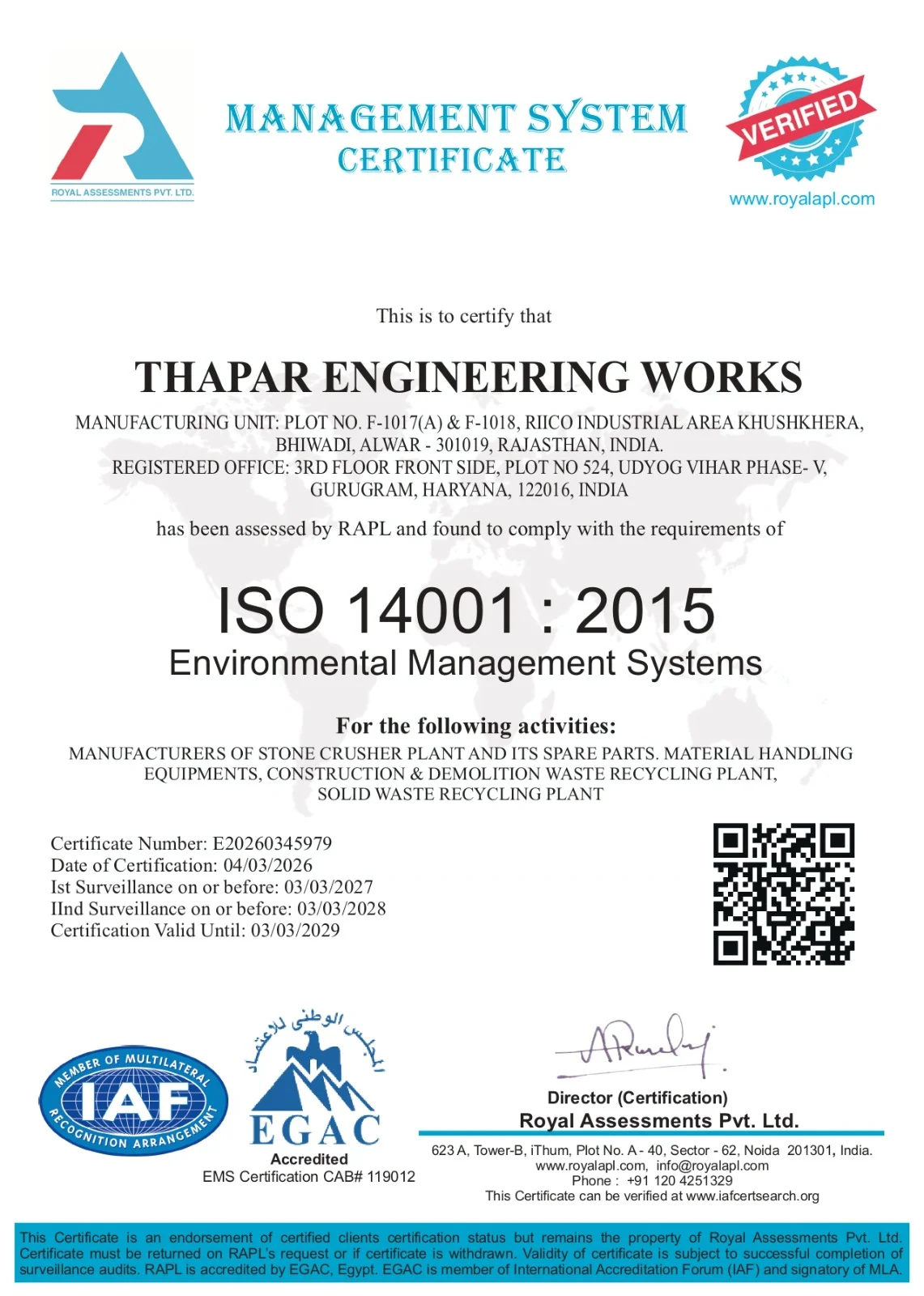 ISO 14001:2015 Environmental Management Certificate